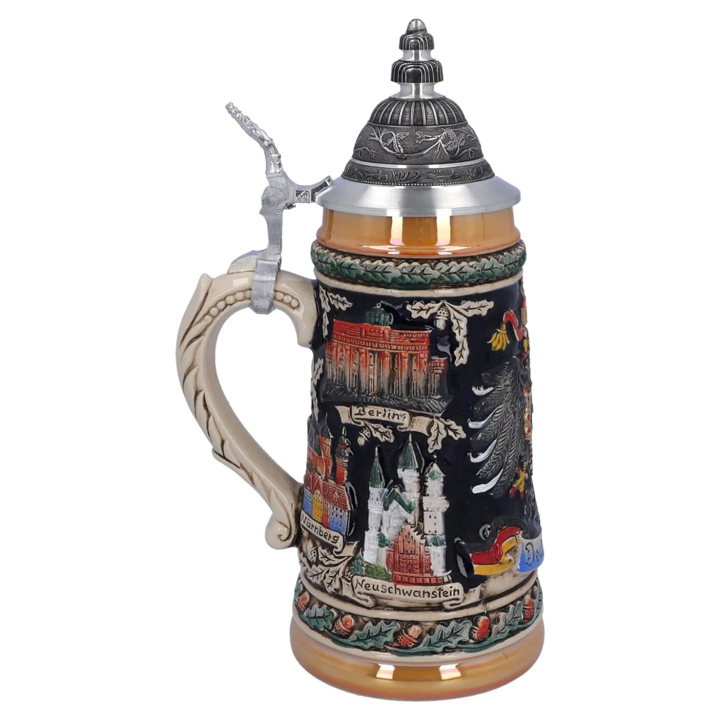 Bierkrug mit Zinndeckel "Deutschland", bunt-schwarz, 0,5l