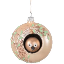 Glaskugel beige mit Vogel, 8 cm