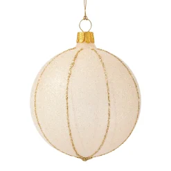 Glaskugel champagner mit Glitzer und goldfarbenen Streifen, 8 cm