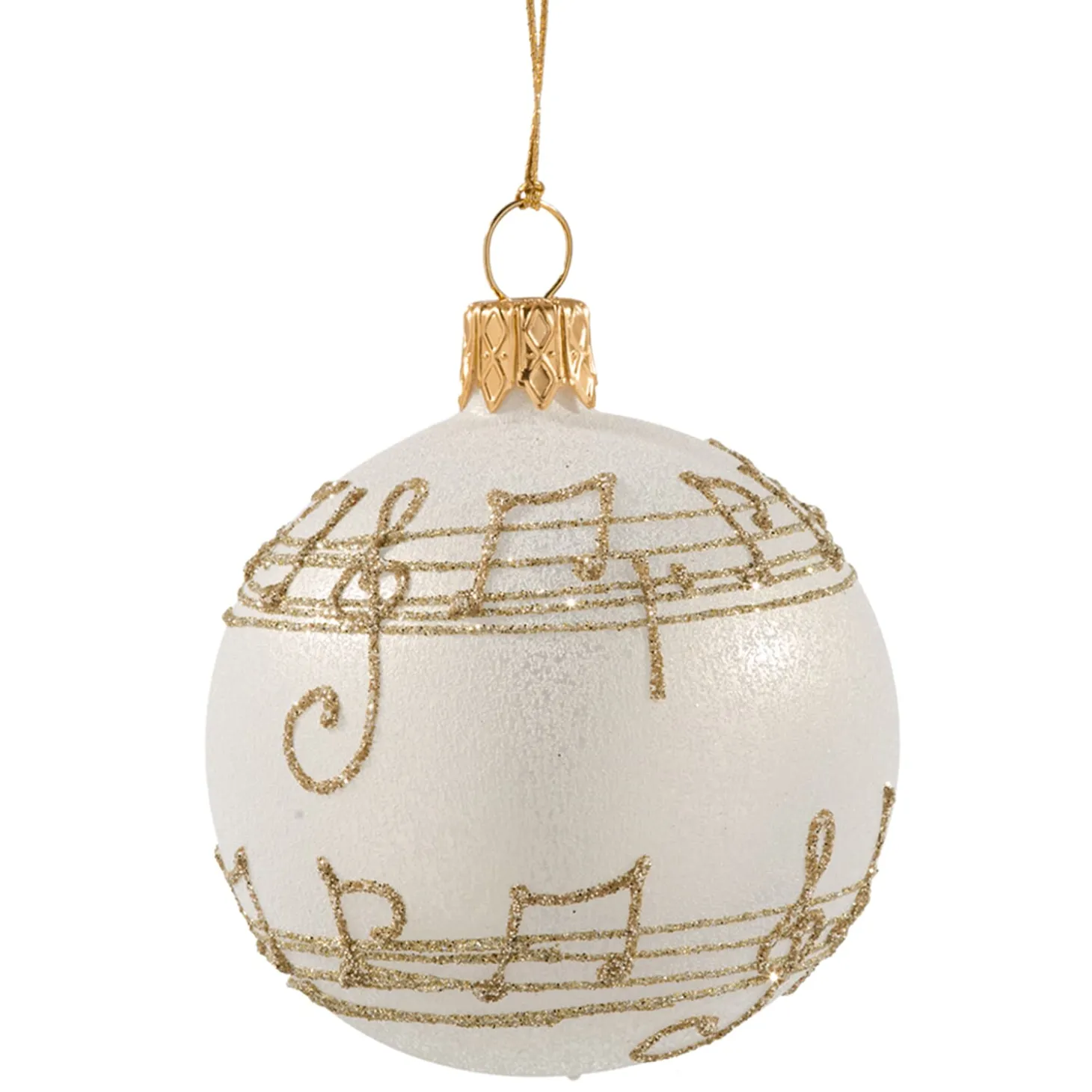 Glaskugel cremefarben mit Notenband, 6 cm