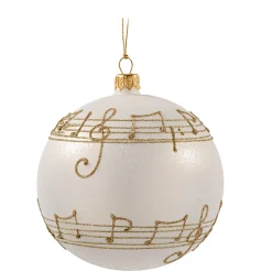 Glaskugel cremefarben mit Notenband, 8 cm