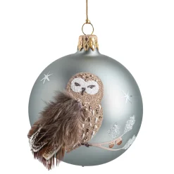 Glaskugel grau matt Eule mit Federn, 7 cm