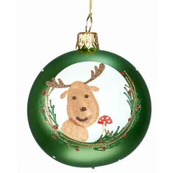 Glaskugel grün mit Elch und Waldmotiven, 7cm