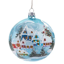 Glaskugel hellblau mit verschneitem Dorf, 10 cm