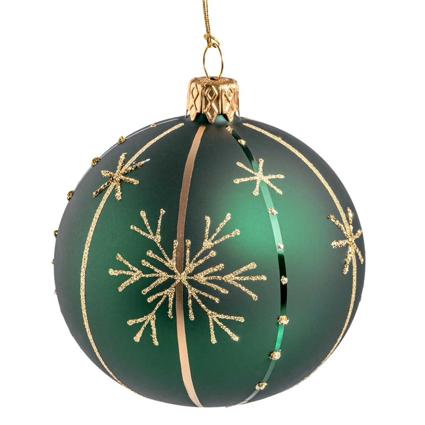 Glaskugel matt, grün mit Schneeflocken, 10 cm