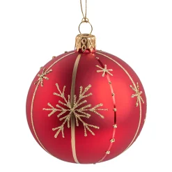 Glaskugel matt, rot mit Schneeflocken, 10 cm
