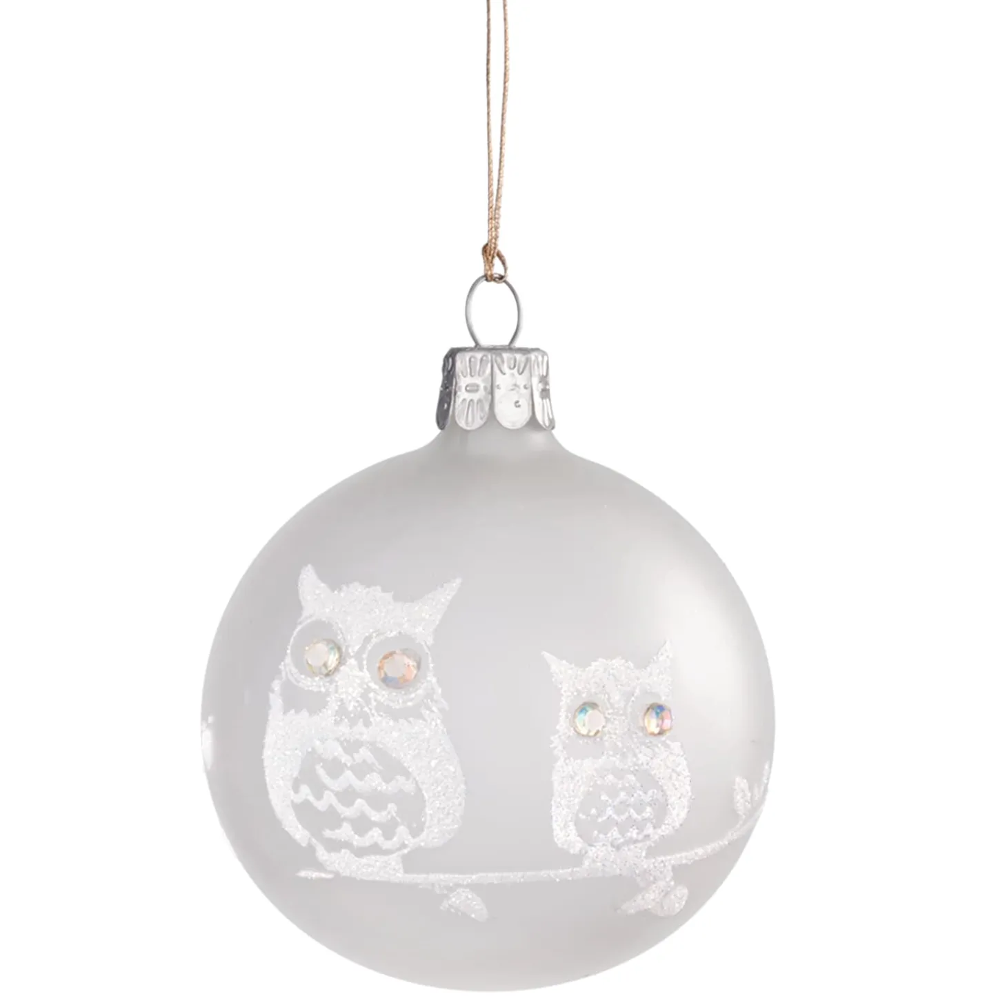 Glaskugel mattweiß mit weißen Eulen, 7 cm