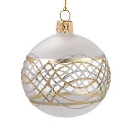 Glaskugel matt-weiß/klar mit gold-silberner Verzierung, 6 cm