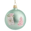 Glaskugel mint matt mit Geschenk und Baum, 7 cm