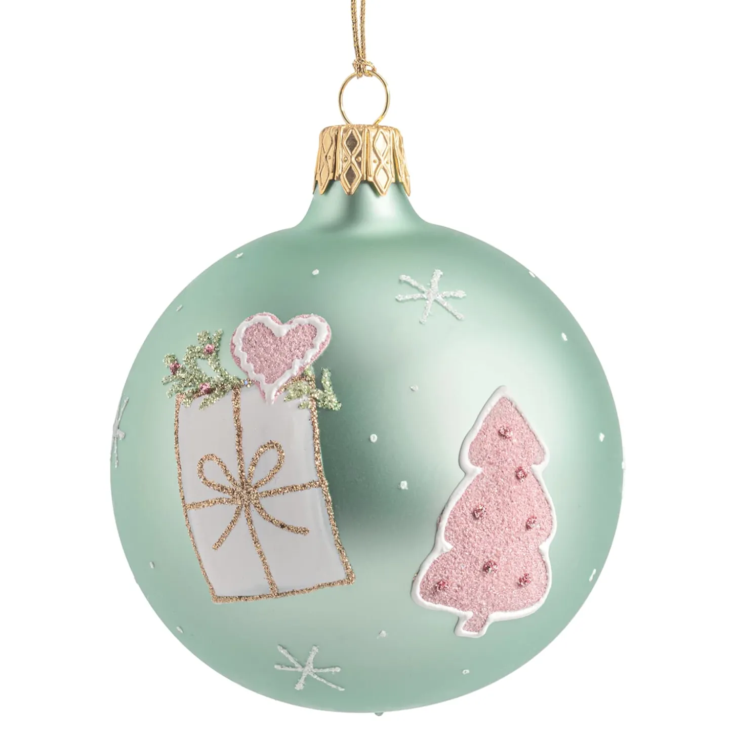 Glaskugel mint matt mit Geschenk und Baum, 7 cm