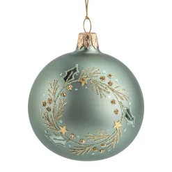 Glaskugel mint matt mit Weihnachtskranz, 8 cm