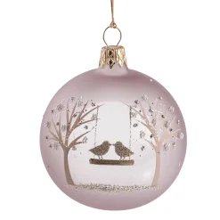 Glaskugel rosé matt mit Vogelpaar, 7 cm