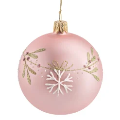 Glaskugel rosa matt mit Weihnachtszweig, 7 cm