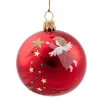 Glaskugel rot glänzend mit Engel und Baum, 7 cm
