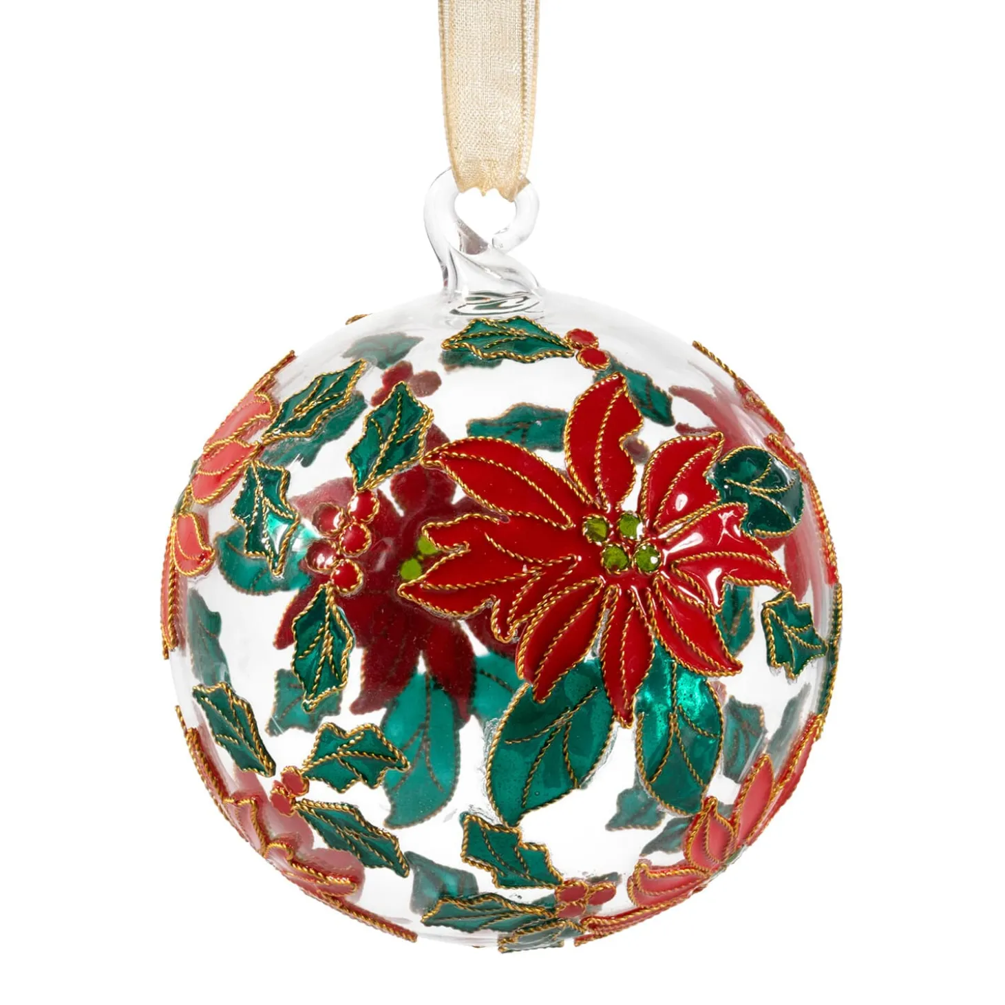 Glaskugel rot grün "Weihnachtsblume", 7 cm