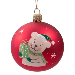 Glaskugel rot matt mit Bär mit Geschenk, 7 cm