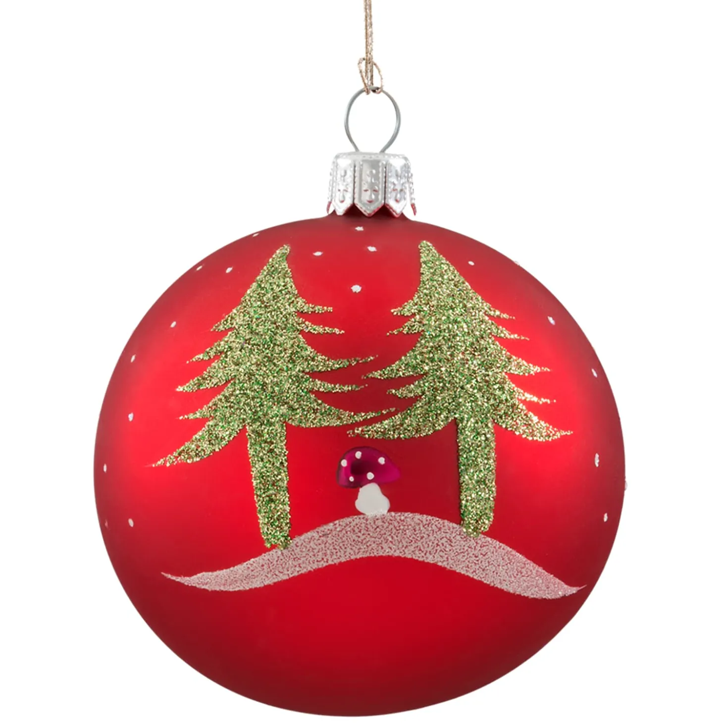 Glaskugel rot matt mit Bäumen und Pilzen, 7 cm