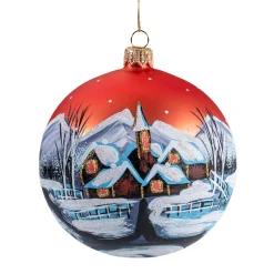 Glaskugel rot matt mit Dorf im Schnee, 10 cm