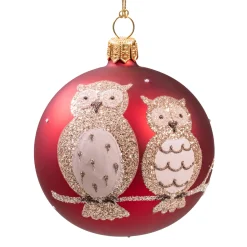 Glaskugel rot matt mit Eulen, 7 cm