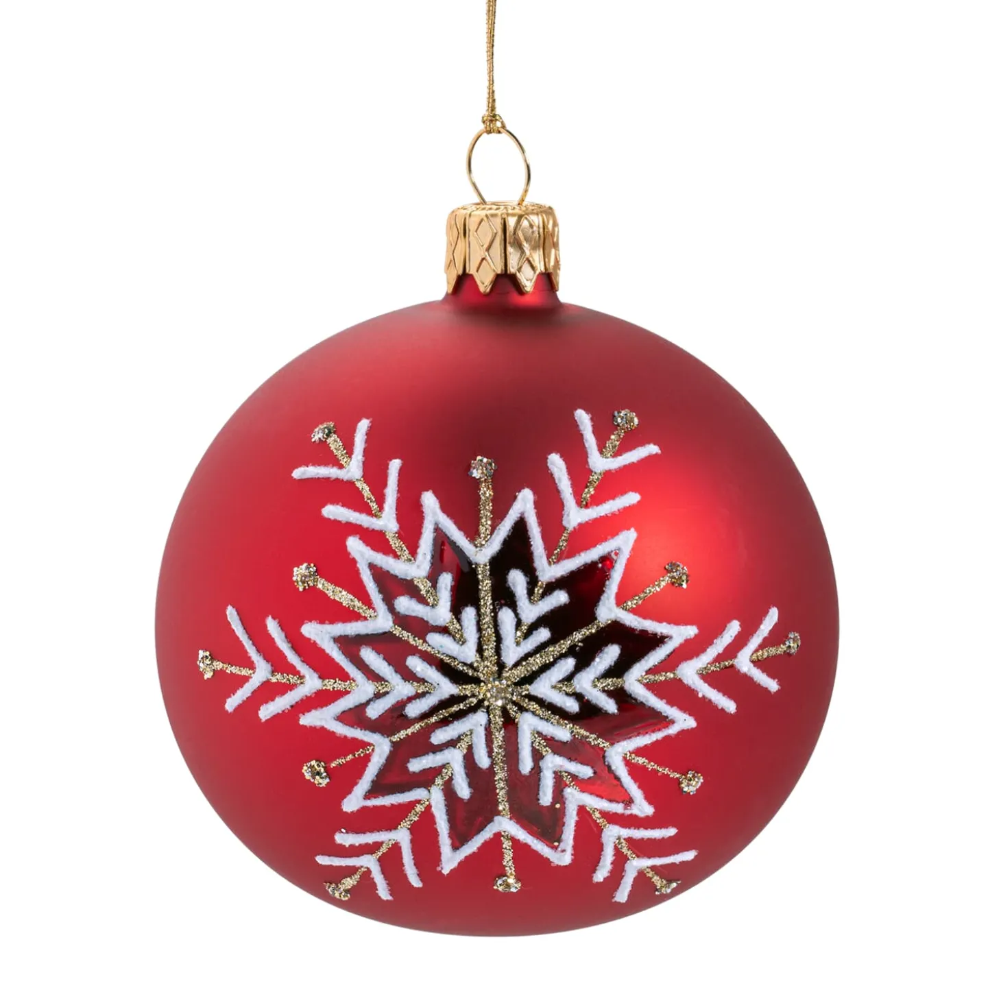 Glaskugel rot matt mit Schneeflocke, 10 cm