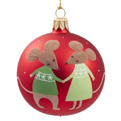 Glaskugel rot matt Mäusepaar, 7 cm