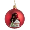 Glaskugel rot matt/lack mit Winterhaus, 7 cm