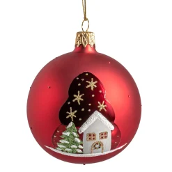 Glaskugel rot matt/lack mit Winterhaus, 7 cm