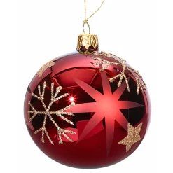 Glaskugel rot mit goldenen Sternen und Flocken, 8cm