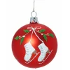 Glaskugel rot mit Schlittschuhen und Mistelzweigen, 7cm