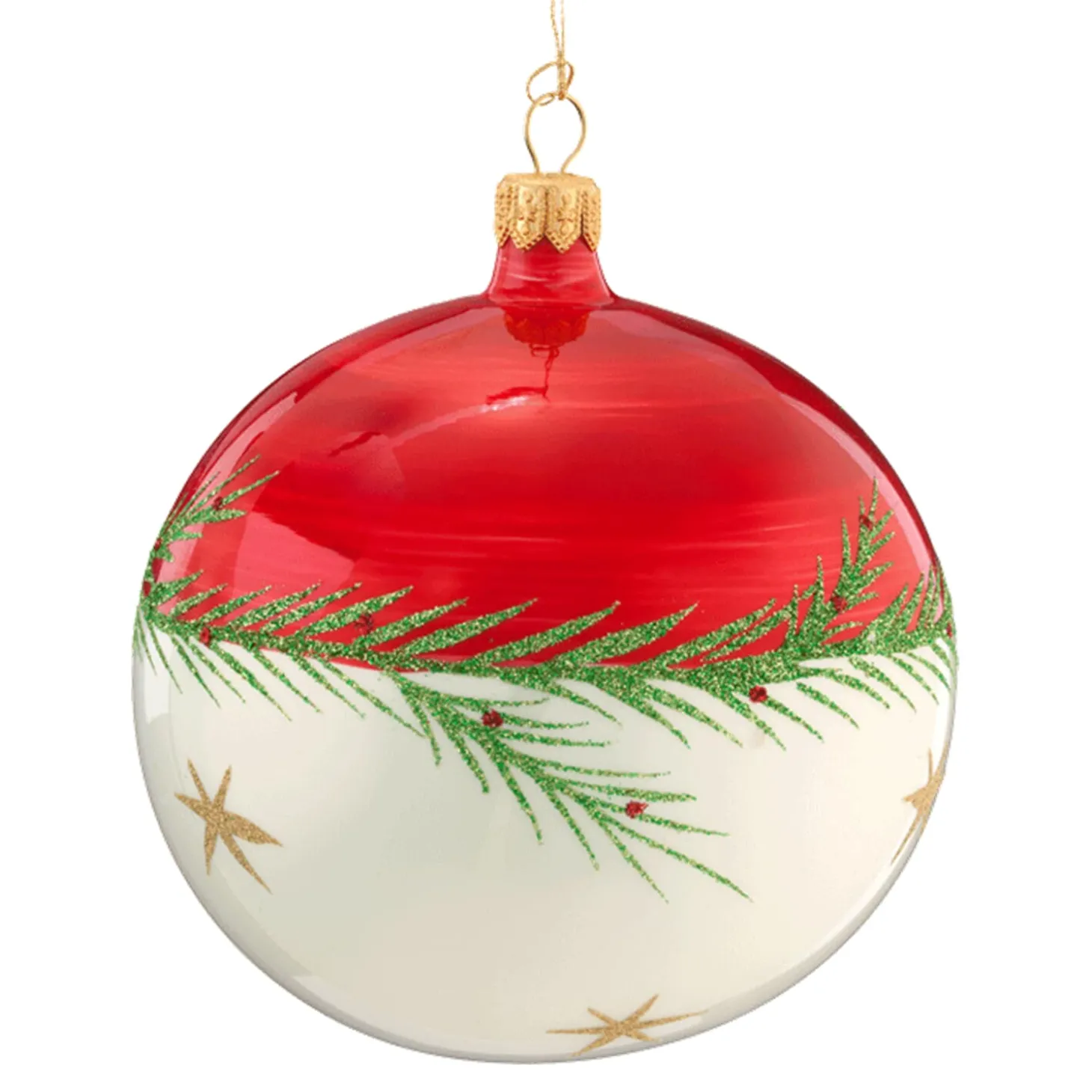 Glaskugel rot-weiß mit Zweig und Sternchen, 10 cm