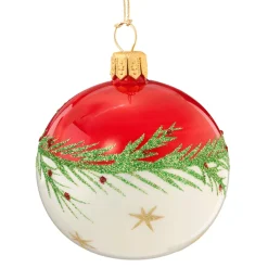 Glaskugel rot-weiß mit Zweig und Sternchen, 6 cm