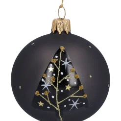 Glaskugel schwarz matt mit Baum, 7 cm