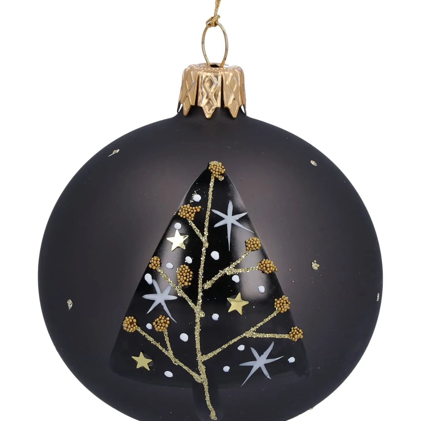 Glaskugel schwarz matt mit Baum, 7 cm