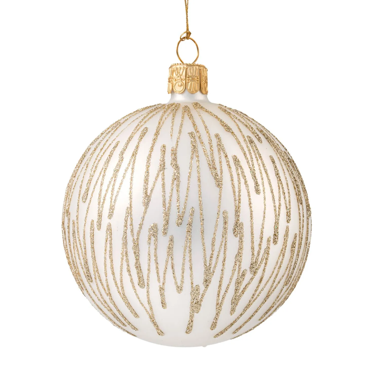 Glaskugel weiß matt mit Glitzer und goldfarbenen Zacken , 8 cm