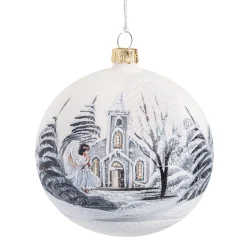 Glaskugel weiß matt mit Kirche und Engel, 10 cm