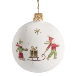 Glaskugel weiß matt mit Kinder mit Schlitten, 7 cm