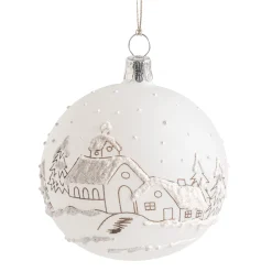 Glaskugel weiß matt mit Winterhäuser, 7 cm