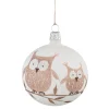 Glaskugel weiß mit braunen Eulen, 7 cm