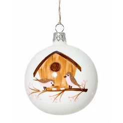 Glaskugel weiß mit Vogelhäuschen, 7cm