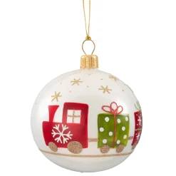 Glaskugel weiß opal mit Eisenbahn, 7 cm