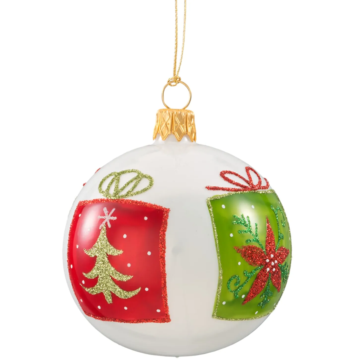 Glaskugel weiß opal mit Geschenkmotiv, 7 cm