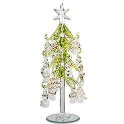 Grüner Glasbaum mit Ornamenten, 23 cm