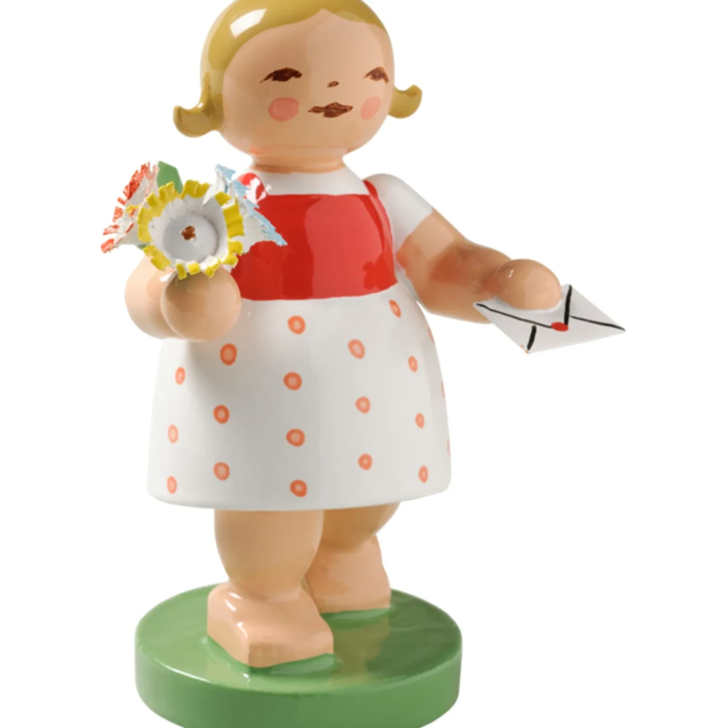 Kleine Gratulantin mit Brief und Blume