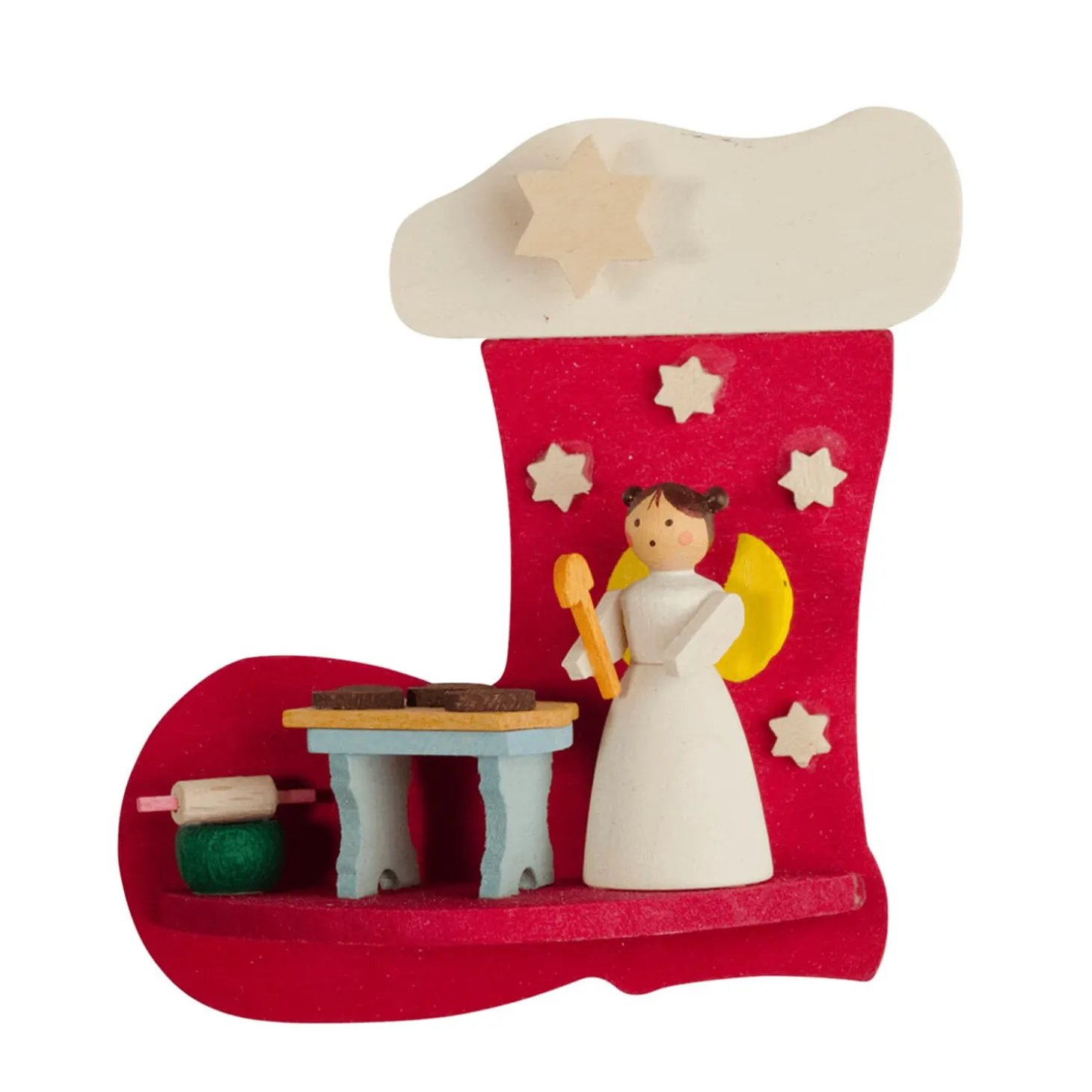 Stiefel-Engel mit Bäckerei, Holz-Baumbehang