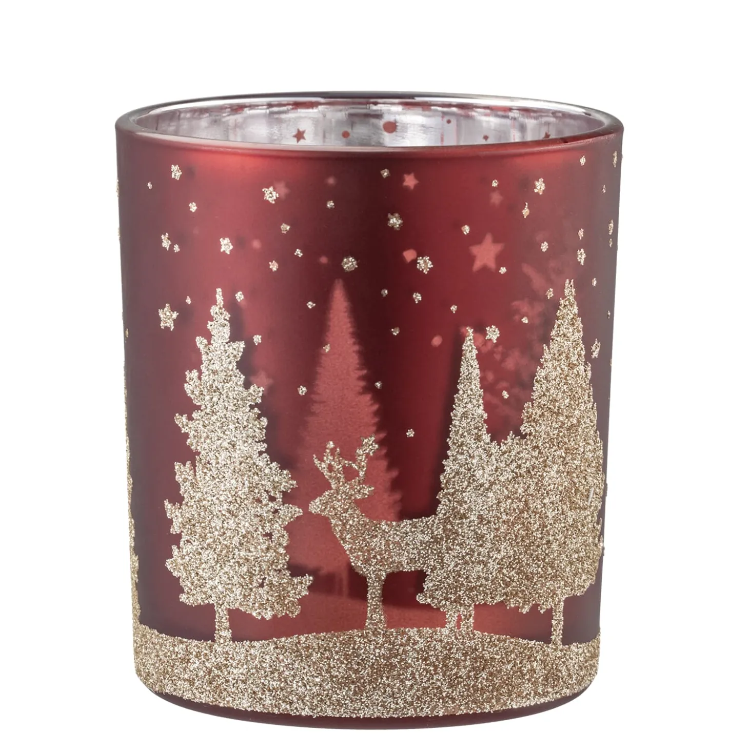 Teelichtglas "Hirsche im Wald" rot, 10 cm