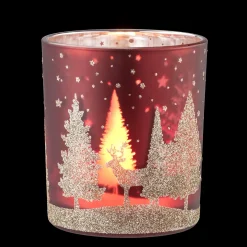 Teelichtglas "Hirsche im Wald" rot, 10 cm