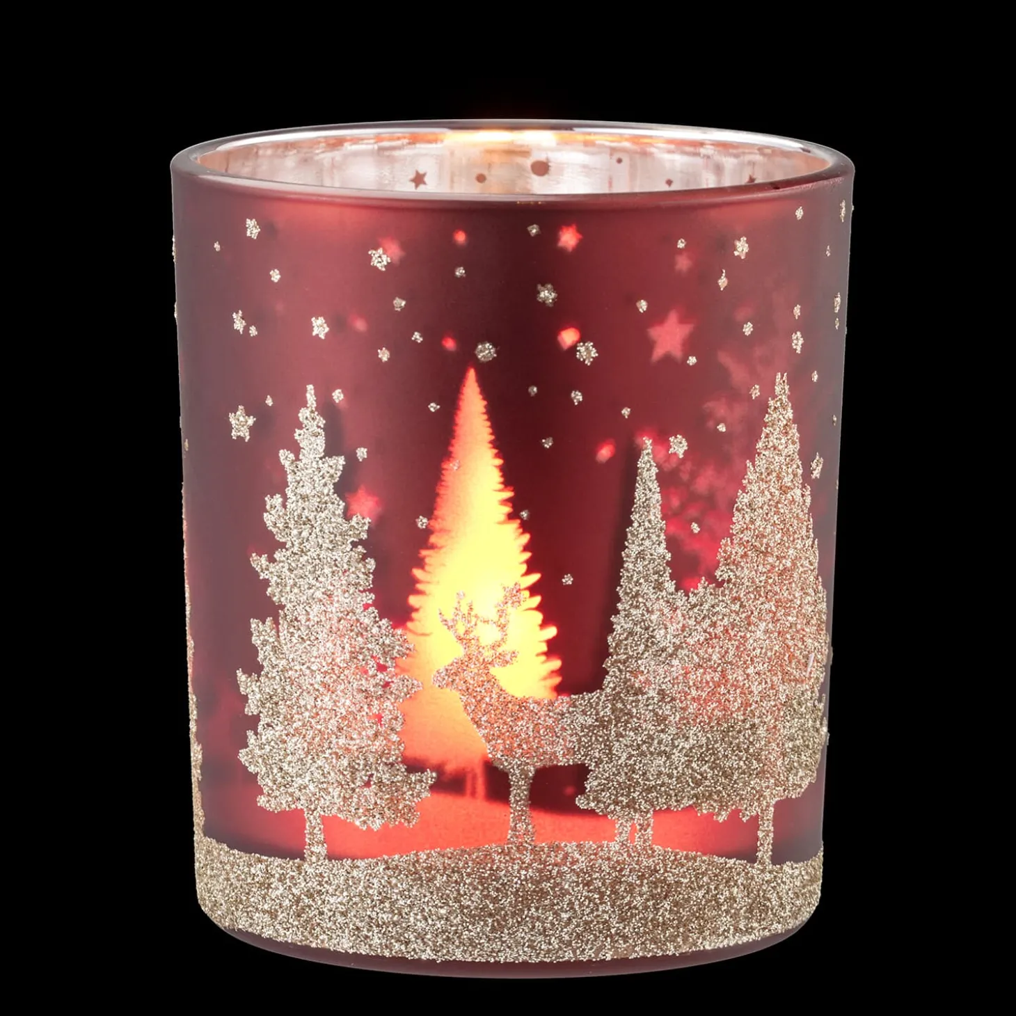 Teelichtglas "Hirsche im Wald" rot, 10 cm