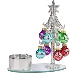 Teelichthalter Glasbaum und bunten Kugeln, silber