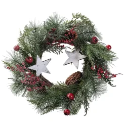 Tür- oder Tischkranz mit roten Beeren und silbernen Sternen