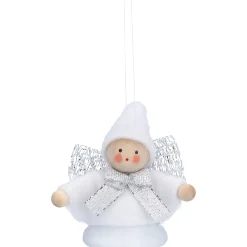 Weihnachtswichtel auf Glocke, weiß, Holz-Baumbehang